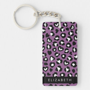 Animal Print, Purple Leopard, Hearts, Your Name Key Ring