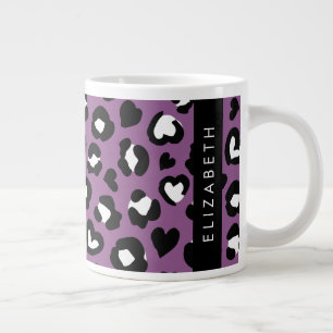 Animal Print, Purple Leopard, Hearts, Your Name Large Coffee Mug