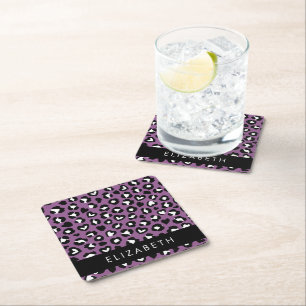 Animal Print, Purple Leopard, Hearts, Your Name Square Paper Coaster