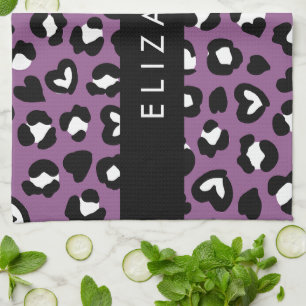 Animal Print, Purple Leopard, Hearts, Your Name Tea Towel