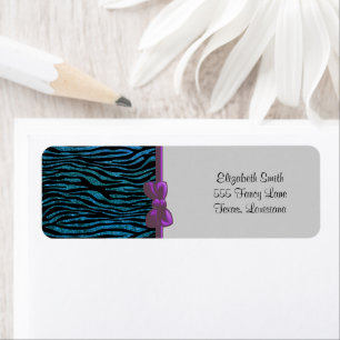 Animal Print, Zebra Stripes, Glitter - Black Blue Return Address Label