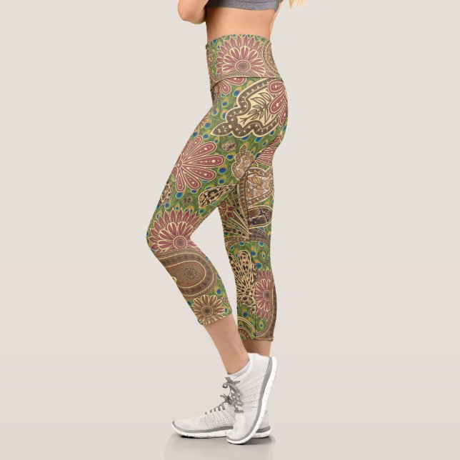Animal Prints Warm Coral Gold Fantasy Paisley Capri Leggings (Left)