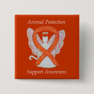 Animal Protection Orange Ribbon Cat Angel Art Pin