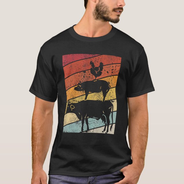 Animal Pyramid Design  A Retro Style Cow Chicken P T-Shirt (Front)