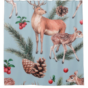 animal sketch pattern with deer pine cones and twi shower curtain