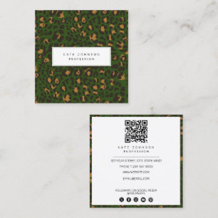 Animal Skin Leopard Print Pattern Green QR Code Square Business Card