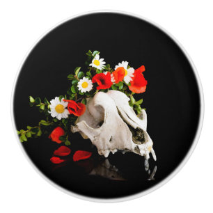 Animal skull with a wreath of wild flower ceramic knob