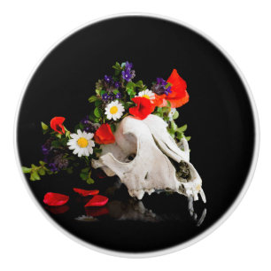 Animal skull with a wreath of wild flower ceramic knob