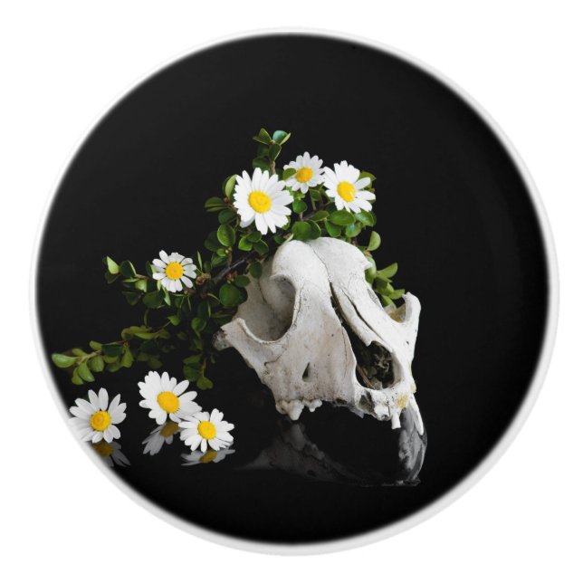 Animal skull with a wreath of wild flower ceramic knob (Front)