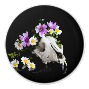 Animal skull with a wreath of wild flower ceramic knob