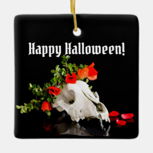 Animal skull with a wreath of wild flower ceramic ornament