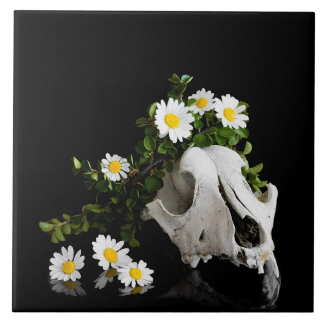 Animal skull with a wreath of wild flower ceramic tile (Front)