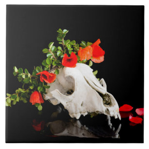Animal skull with a wreath of wild flower ceramic tile
