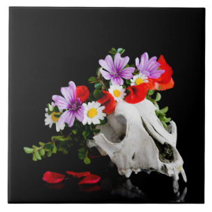 Animal skull with a wreath of wild flower ceramic tile