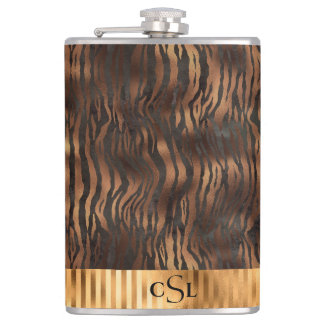 Animal Tiger Monogram Print Gold Elegant Metallic Hip Flask
