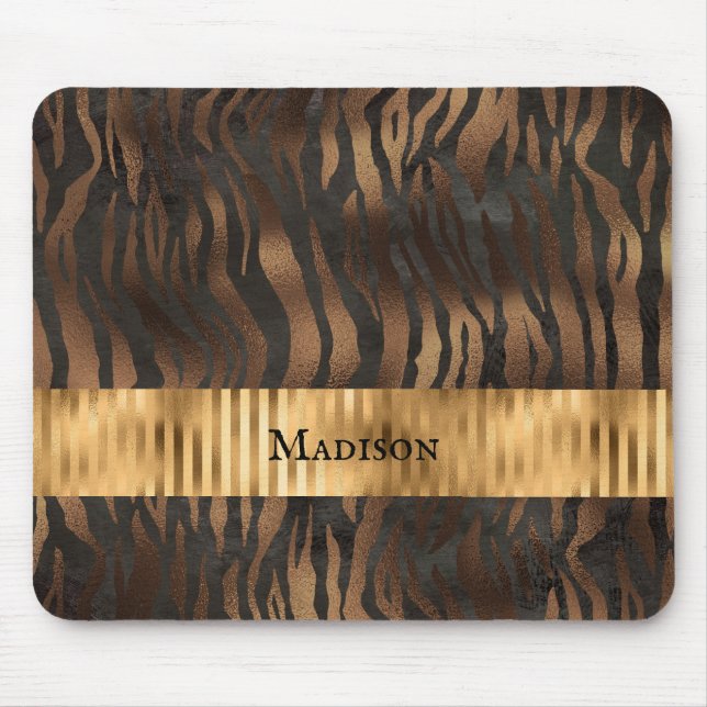 Animal Tiger Print Gold Name Elegant Metallic Mouse Pad (Front)