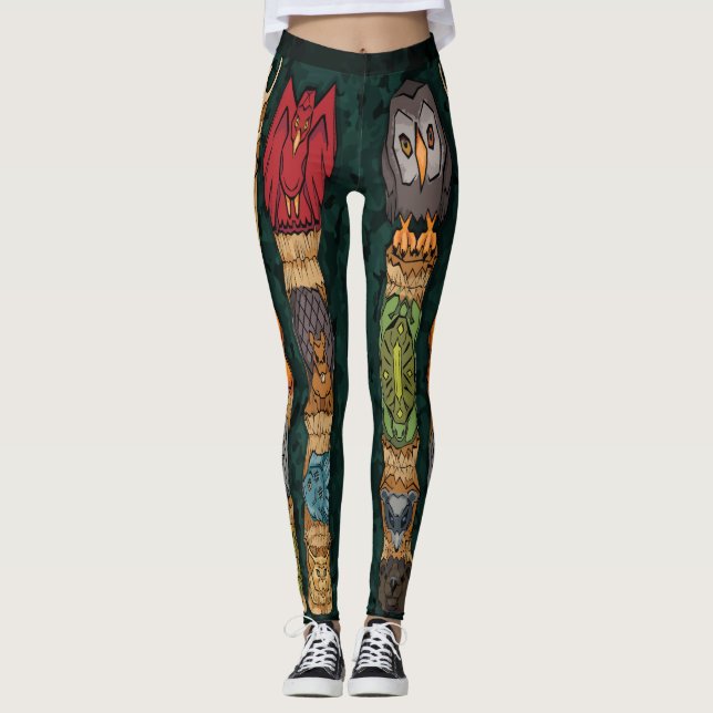 Animal Totem Pole Leggings - Green Background (Front)