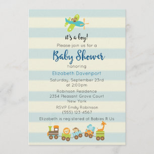Animal Toy Train and Aeroplane Baby Boy Shower Invitation
