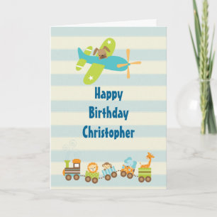 Animal Toy Train and Aeroplane on Stripes Birthday Card