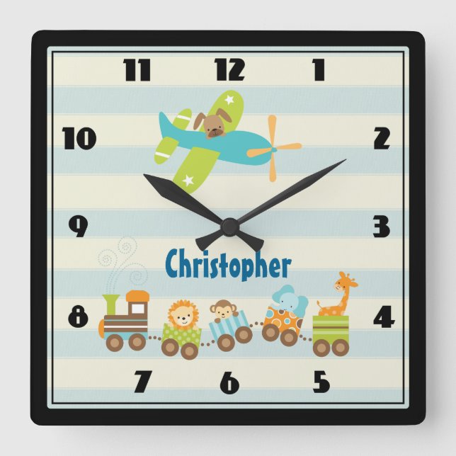 Animal Toy Train and Aeroplane on Stripes Custom Square Wall Clock (Front)