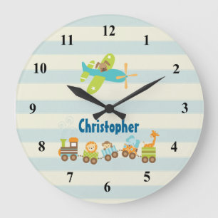 Animal Toy Train and Aeroplane on Stripes Large Clock