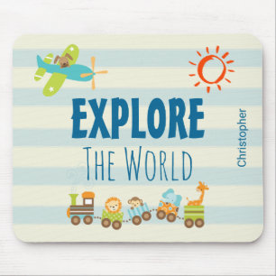 Animal Toy Train and Aeroplane on Stripes Mouse Pad