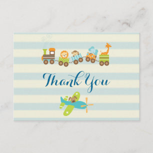 Animal Toy Train and Aeroplane on Stripes Thank Yo Thank You Card