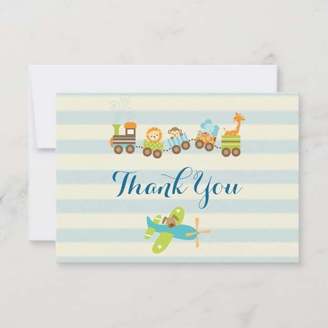 Animal Toy Train and Aeroplane on Stripes Thank Yo Thank You Card (Front)