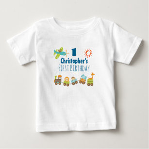 Animal Toy Train and Airplane First Birthday Baby T-Shirt