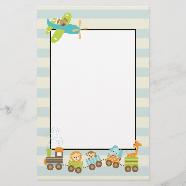 Animal Toy Train and Doggy Aeroplane on Stripes Stationery (Front)
