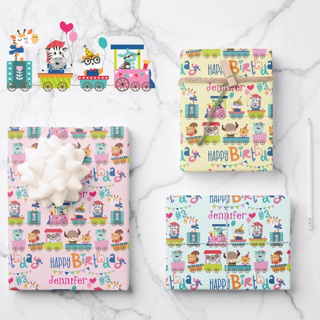 Animal Train Personalise Name Girls Birthday 3 Wrapping Paper Sheet (Creator Uploaded)