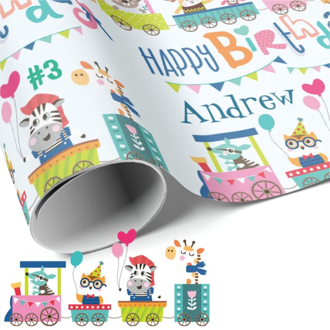Animal Train Personalise Name Kids Birthday Wrapping Paper (Creator Uploaded)