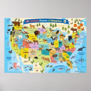 Animal US Map for Kids Poster