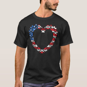 Animal  USA Flag Cat Dog Paw Prints Hollow Heart T-Shirt