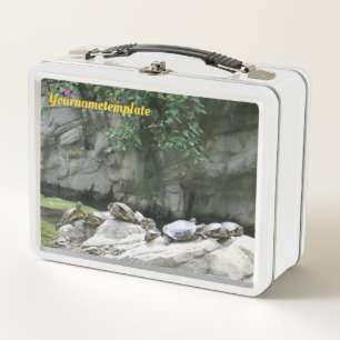 animal, water, turtles, stones, flowers, nature, metal lunch box
