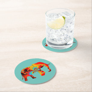 Animal Welfare - Elephant Silhouette Fractal 1 Round Paper Coaster
