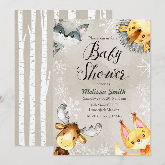 Animal Winter Woodland Baby Shower Invitations (Front/Back)