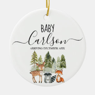 Animal Woodland Baby Reveal Pregnancy Pine Tree Ceramic Ornament