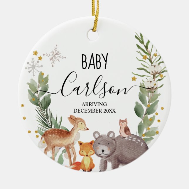 Animal Woodland Baby Reveal Pregnancy Pine Tree Ceramic Ornament (Front)