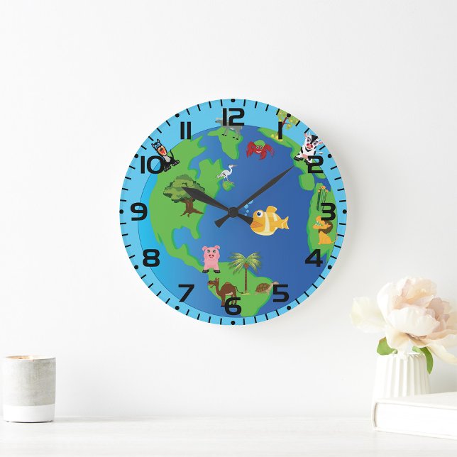 Animal World Map Cute Wildlife Illustration  Large Clock (Creator Uploaded)