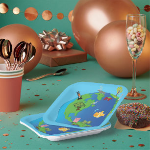 Animal World Map Cute Wildlife Illustration Paper Plate