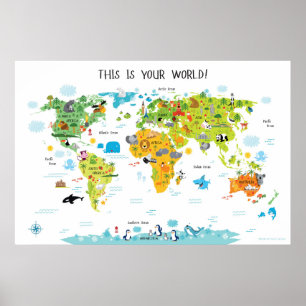 Animal World Map for Kids Poster Playroom Decor