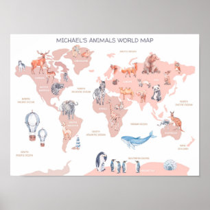 Animal World Map,Kids Wall Art