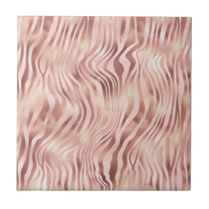 Animal Zebra Stripes Bright Pink Golden Bronze Ceramic Tile