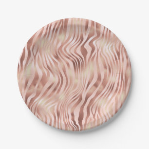 Animal Zebra Stripes Bright Pink Golden Bronze Paper Plate