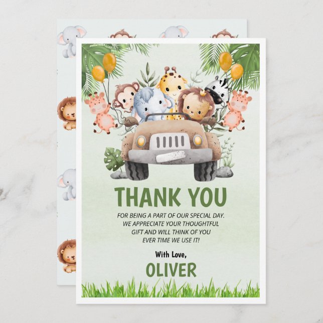 Animal Zoo Birthday 4th Thank You Flat Cards  (Front/Back)