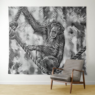 AnimalArtBW_Chimpanzee_004 Tapestry
