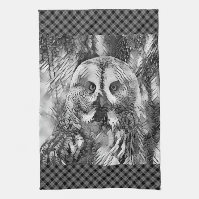 AnimalArtBW_Owl_001 Tea Towel (Vertical)