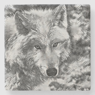 AnimalArtBW_Wolf_002 Stone Coaster