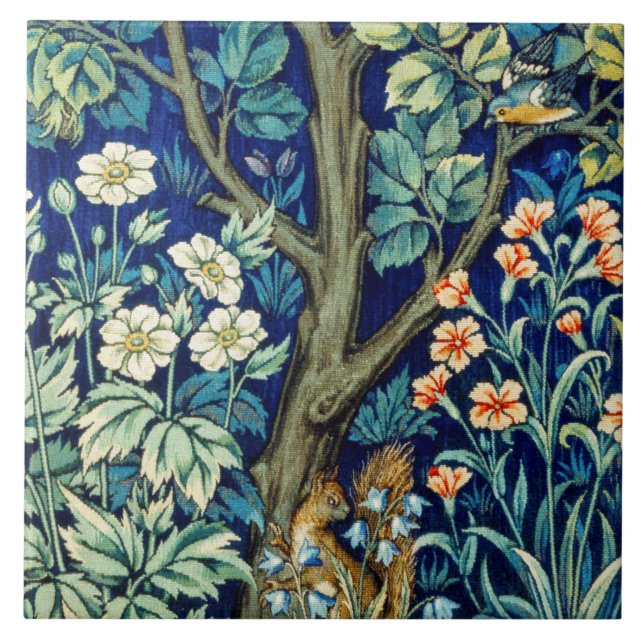 Animals and Flowers, Forest, William Morris Ceramic Tile (Front)